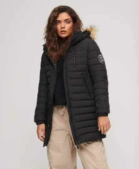 Superdry Women's Quilted Fuji Hooded Mid Length Puffer Coat, Black, 