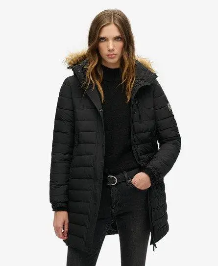 Superdry Women's Slim Fit Quilted Fuji Hooded Mid Length Puffer Coat, Black, 