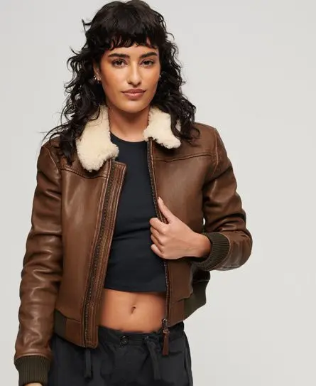 Superdry Women's Women's Leather Borg Collar Jacket, Brown, 