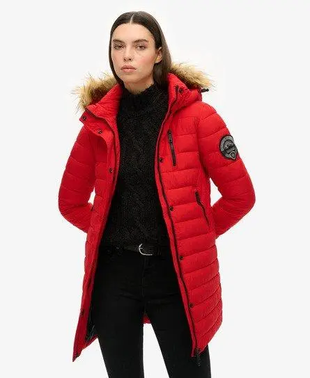 Superdry Women's Fuji Hooded Mid Length Puffer Coat Red / Varsity Red - 