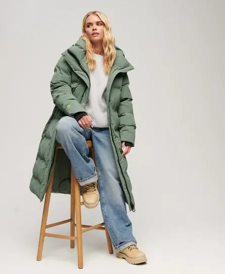 Superdry Women's Hooded Longline Puffer Coat Green / Laurel Khaki - 