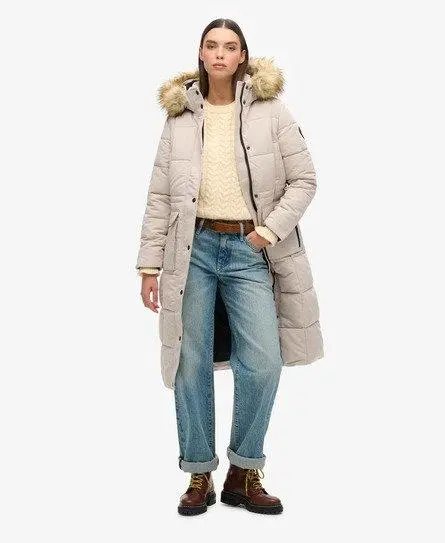 Superdry Women's Fully Lined Quilted Everest Longline Puffer Coat, Beige, 