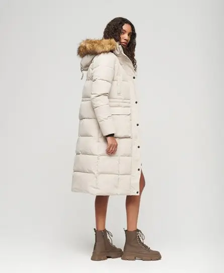 Superdry Women's Women's Fully Lined Quilted Everest Longline Puffer Coat, Beige, 