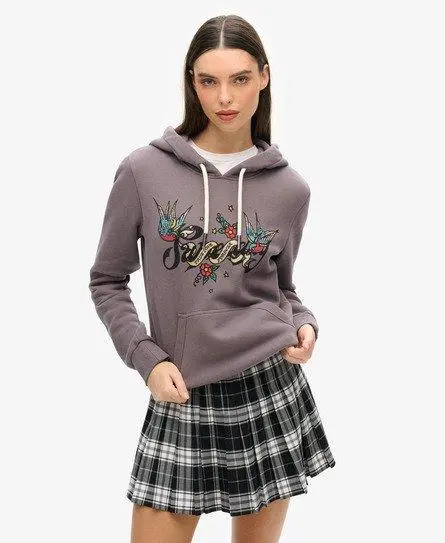 Superdry Women's Tattoo Script Graphic Hoodie Grey / Rock Grey - 