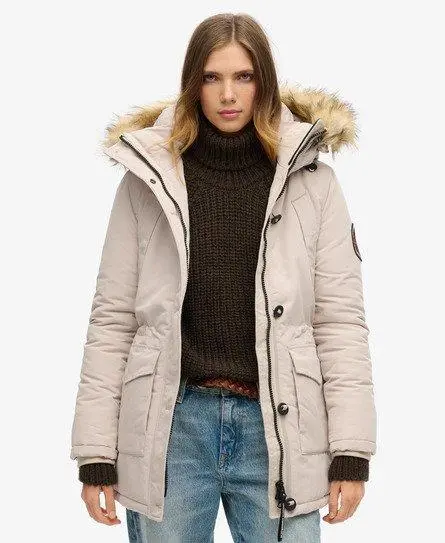 Superdry Women's Everest Faux Fur Hooded Parka Coat Beige / Chateau Gray - 