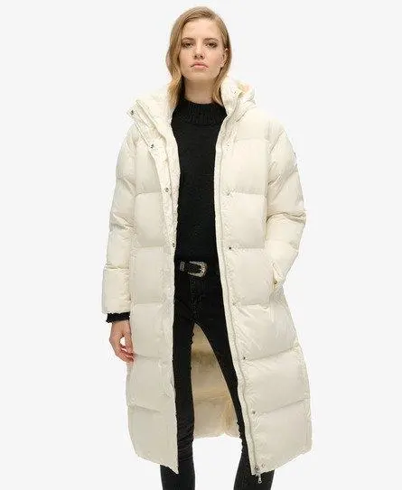 Superdry Women's Hooded Longline Puffer Coat White / Off White - 