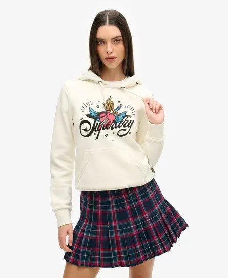 Superdry Women's Tattoo Script Graphic Hoodie Cream - 