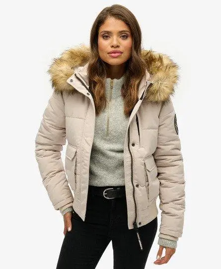 Superdry Women's Everest Hooded Bomber Jacket Beige / Chateau Gray - 