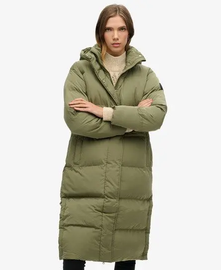 Superdry Women's Hooded Longline Puffer Coat Khaki / Wild Khaki - 