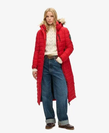 Superdry Women's Fuji Hooded Longline Puffer Coat Red / Varsity Red - 