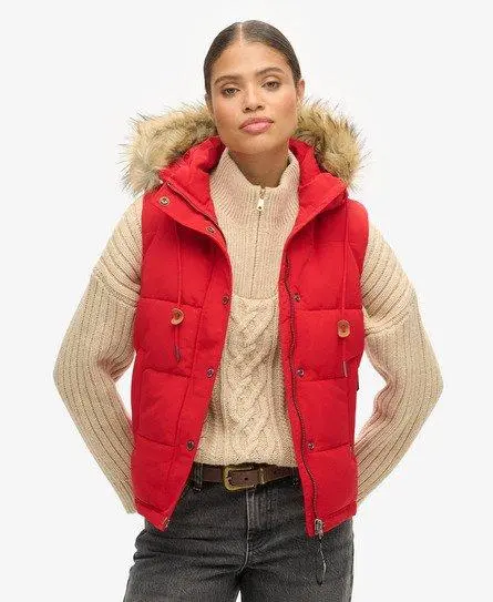 Superdry Women's Everest Faux Fur Puffer Gilet Red / Varsity Red - 