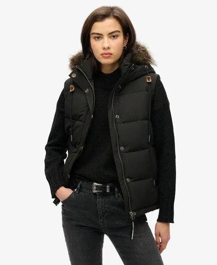 Superdry Women's Fully Lined Logo Embroidered Everest Faux Fur Puffer Gilet, Dark Grey, 