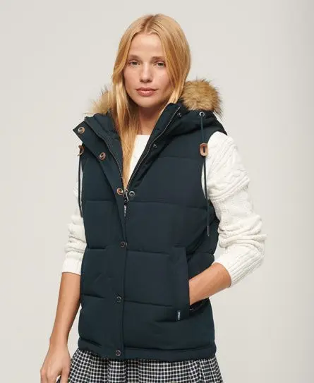 Superdry Women's Everest Faux Fur Puffer Gilet Navy / Nordic Chrome Navy - 