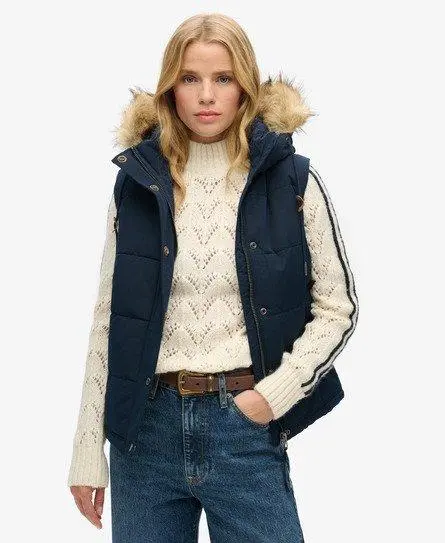 Superdry Women's Everest Faux Fur Puffer Gilet Navy / Nordic Chrome Navy - 