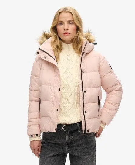 Superdry Women's Faux Fur Short Hooded Puffer Jacket Pink / Pink Blush - 