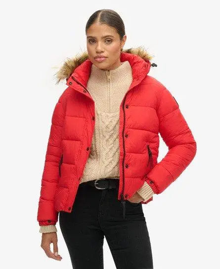 Superdry Women's Faux Fur Short Hooded Puffer Jacket Red / High Risk Red - 