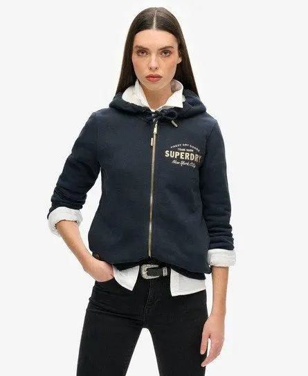 Superdry Women's Luxe Metallic Logo Zip Hoodie Navy / Eclipse Navy - 