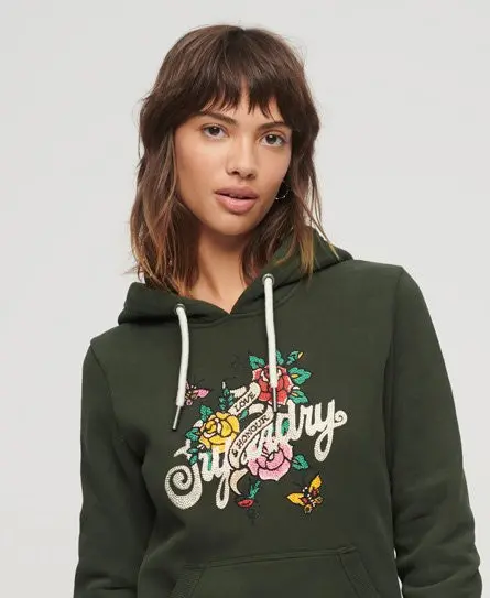 Superdry Women's Tattoo Script Graphic Hoodie Green / Surplus Goods Olive Green - 