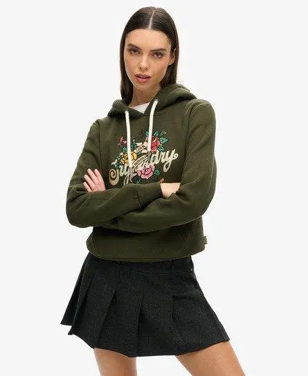 Superdry Women's Tattoo Script Graphic Hoodie Green / Surplus Goods Olive Green - 