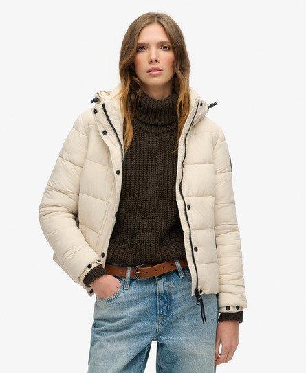 Superdry Women's Classic Faux Fur Short Hooded Puffer Jacket, Beige, 