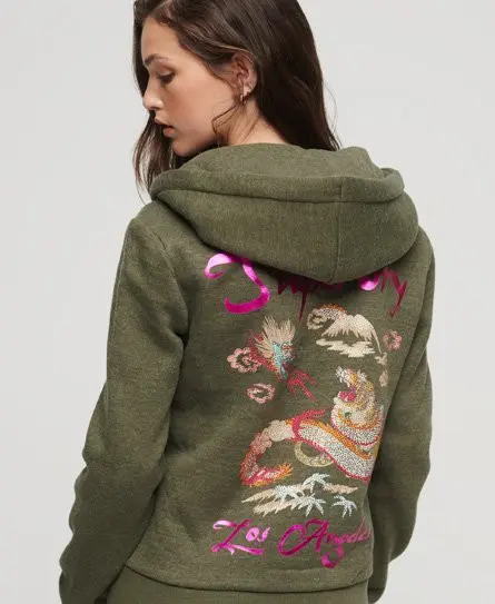 Superdry Women's Custom Embellished Zip Hoodie Green / Thrift Olive Marl - 