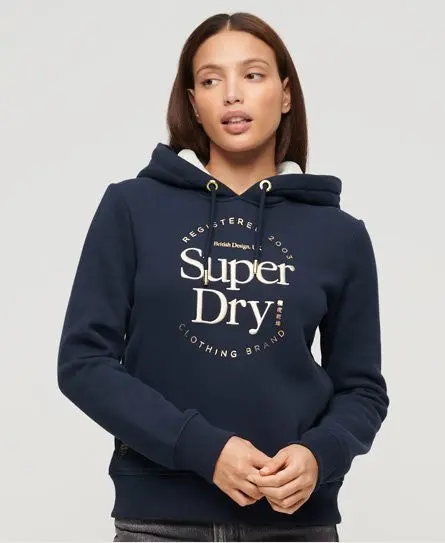 Superdry Women's Luxe Metallic Logo Hoodie Navy / Nautical Navy - 