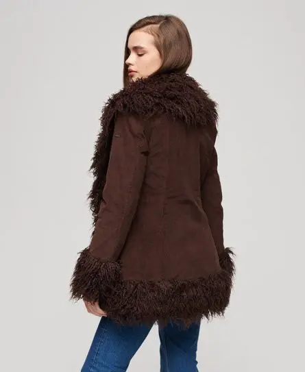 Superdry Women's Faux Fur Lined Afghan Coat Brown / Dark Brown Cord - 