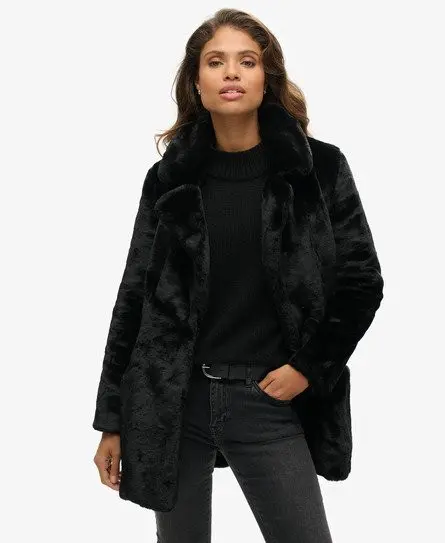 Superdry Women's Vintage Mid Faux Fur Coat Black - 