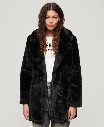 Superdry Women's Vintage Mid Faux Fur Coat Black - 