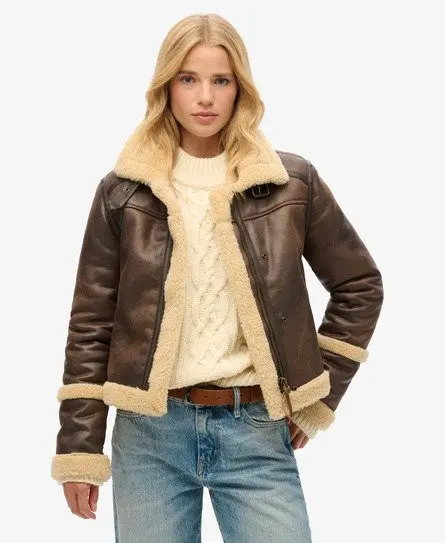 Superdry Women's Faux Shearling Cropped Aviator Jacket Brown / Dark Brown - 