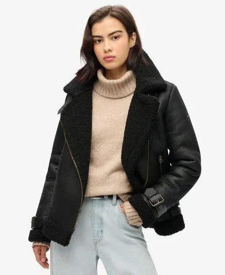 Superdry Women's Classic Faux Shearling Aviator Jacket, Black, 