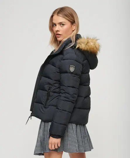 Superdry Women's Faux Fur Short Hooded Puffer Jacket Navy / Eclipse Navy - 
