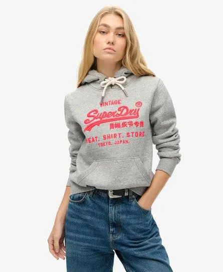 Superdry Women's Neon Vintage Logo Hoodie Grey / Athletic Grey Marl - 