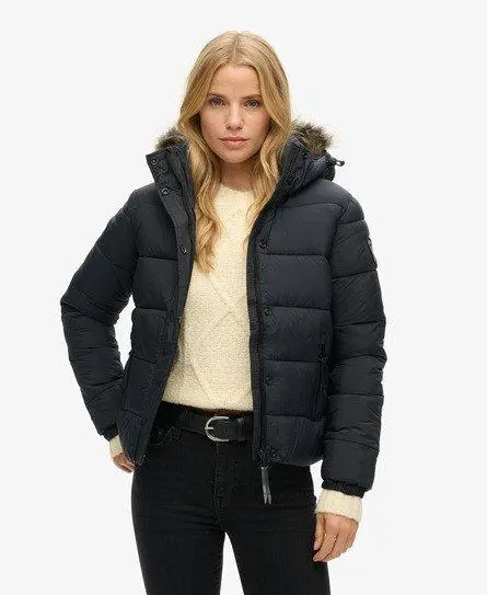 Superdry Women's Faux Fur Short Hooded Puffer Jacket Black / Jet Black - 