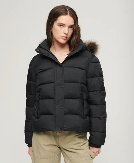 Superdry Women's Faux Fur Short Hooded Puffer Jacket Black / Jet Black - 