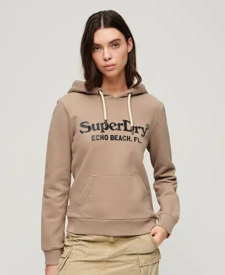 Superdry Ladies Classic Metallic Venue Logo Hoodie, Beige, 