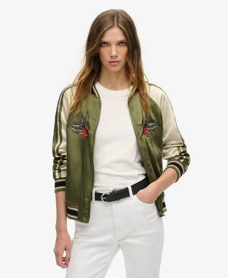 Superdry Ladies Fully lined Embroidered Suikajan Bomber Jacket, Green, 