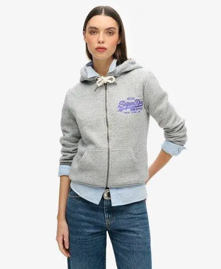 Superdry Ladies Classic Embroidered Neon Graphic Zip Hoodie, Grey, 