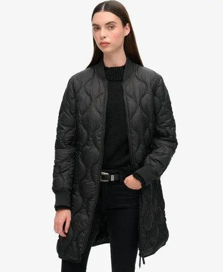 Superdry Ladies Lightweight Quilted Studios Long Liner Coat, Black, 