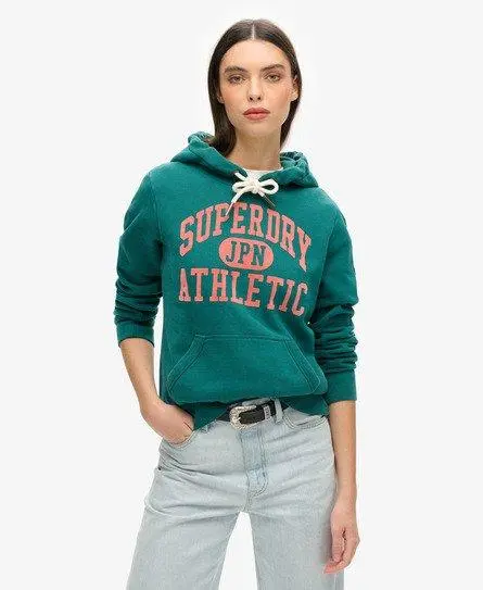 Superdry Women's Varsity Flocked Graphic Hoodie Green / Dark Forest Green - 