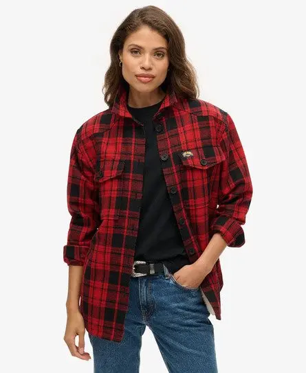 Superdry Ladies Classic Embroidered Logo Borg Check Overshirt, Red, 