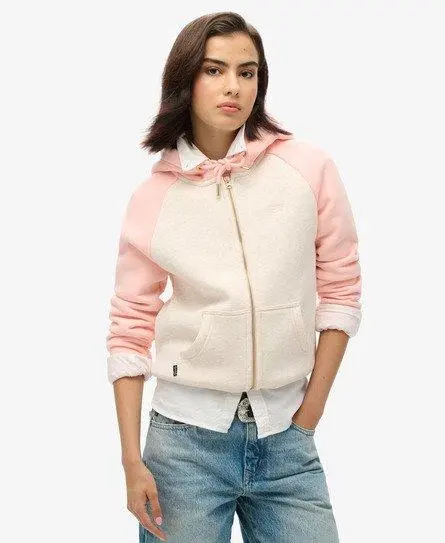 Superdry Ladies Slim Fit Embroidered Logo Essential Baseball Zip Hoodie, Pink and Cream, 