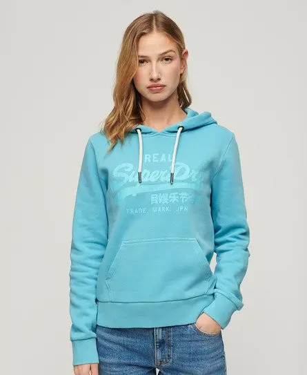 Superdry Ladies Classic Graphic Print Neon Hoodie, Blue, 