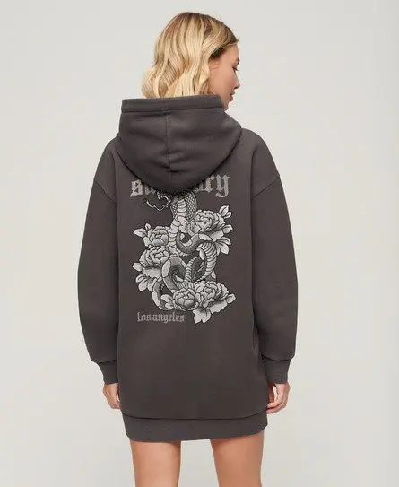 Superdry Ladies Graphic Print Tattoo Rhinestone Hooded Dress, Black, 