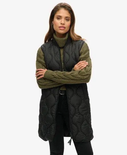 Superdry Ladies Quilted Studios Long Liner Gilet, Black, 