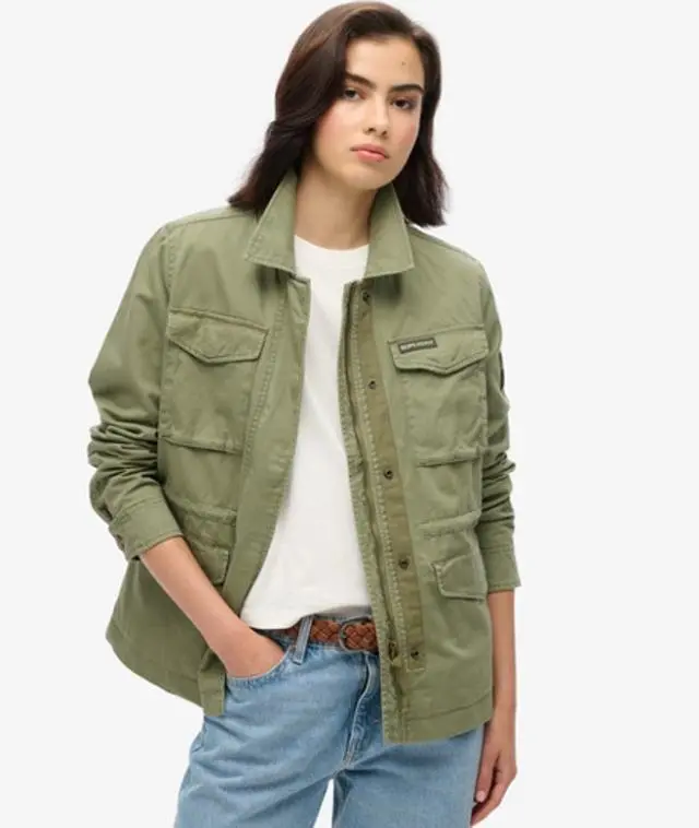 Superdry Ladies Classic Logo Patch Military M65 Jacket, Khaki,