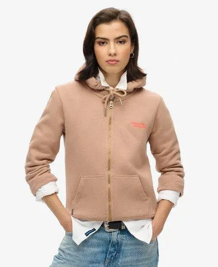 Superdry Ladies Classic Embroidered Logo Essential Zip Hoodie, Taupe, 