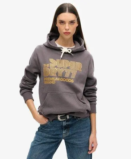 Superdry Women's Retro Glitter Logo Hoodie Grey / Rock Dark Grey - 