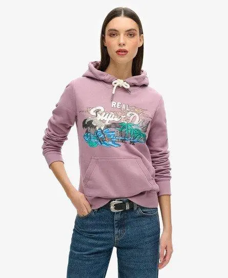 Superdry Ladies Classic Embroidered Logo Japanese Vintage Graphic Hoodie, Purple, 