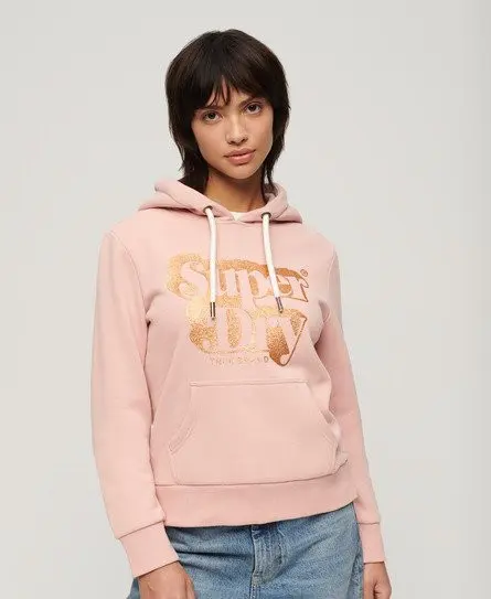 Superdry Ladies Classic Retro Glitter Logo Hoodie, Pink, 